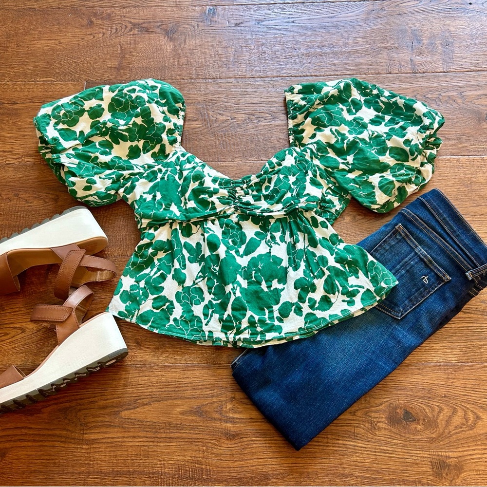 English Factory Green Floral Puff Sleeve Blouse